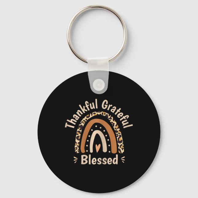 Womens Leopard Rainbow Thankful Grateful Blessed C Keychain (Front)