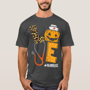 Womens Love Nurse Pumpkin Leopard Fall Halloween T T-Shirt
