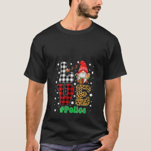 Womens Love Police Gnome Christmas Leopard Plaid X T-Shirt