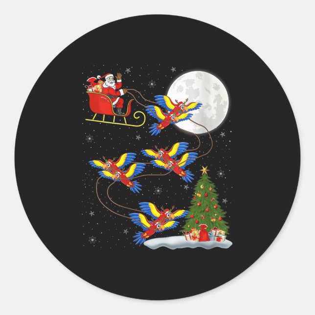 Womens Macaw Parrots Santa Sleigh Flying Funny Mag Classic Round Sticker (Front)
