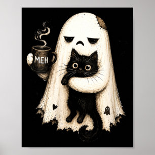 Womens Meh Ghost Cat Spooky Black Cat Funny Poster