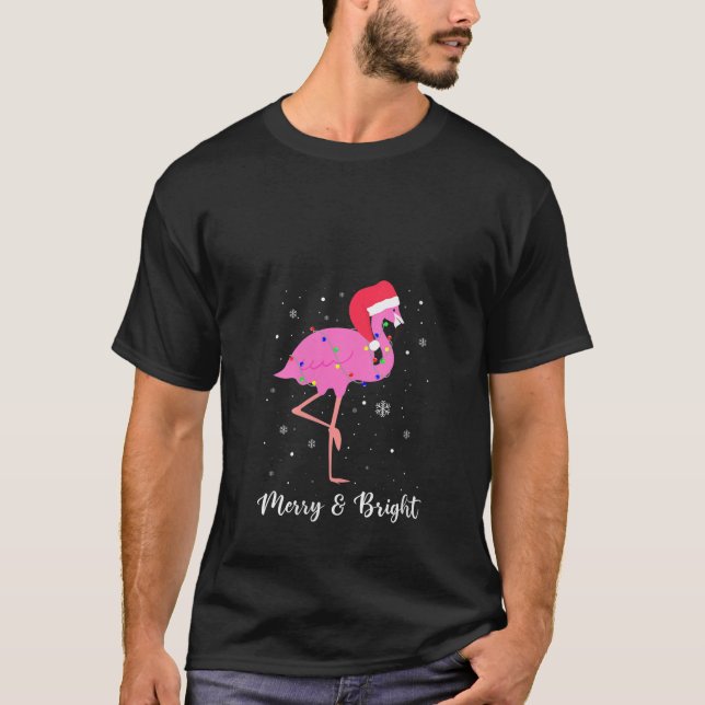Womens Merry and Bright Flamingo Christmas Tree Li T-Shirt (Front)