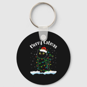 Womens Merry Catmas Cat Wearing Santa Hat Black Ca Keychain