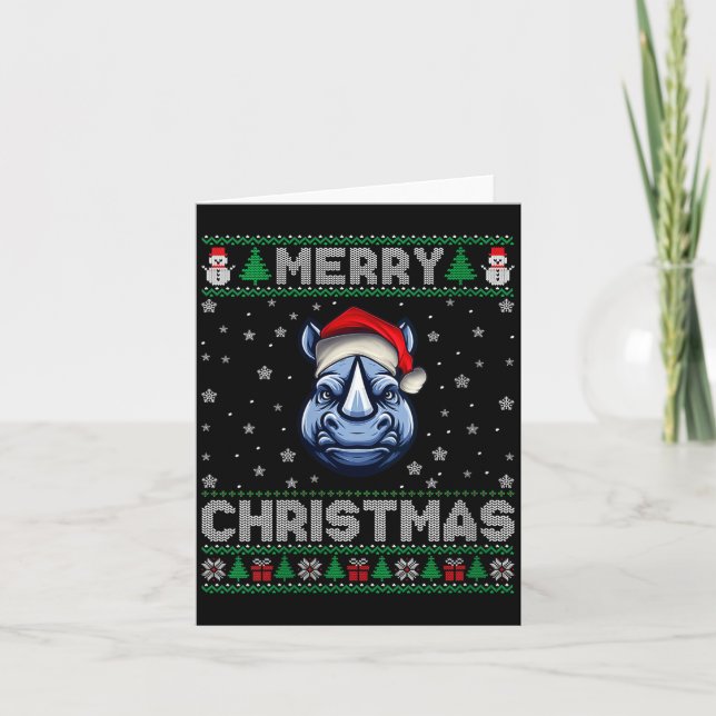 Womens Merry Christmas 2025 Rhino Santa Hat Ugly X Card (Front)