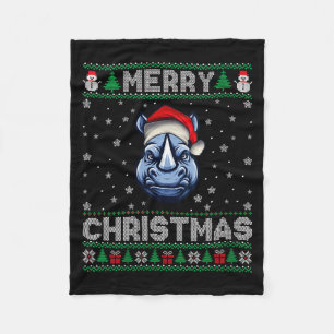 Womens Merry Christmas 2025 Rhino Santa Hat Ugly X Fleece Blanket