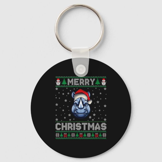 Womens Merry Christmas 2025 Rhino Santa Hat Ugly X Keychain (Front)