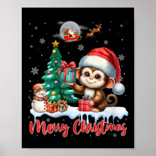Womens Merry Christmas Cute Monkey Santa Hat Monke Poster