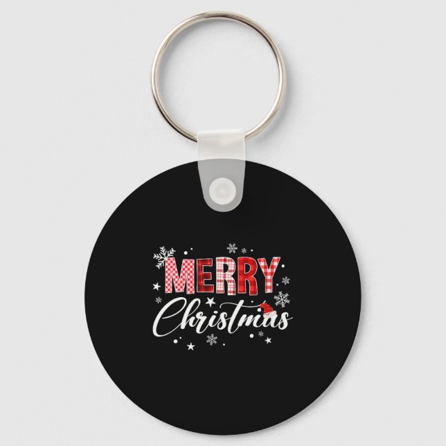 Womens Merry Christmas Red Buffalo Plaid Santa Hat Keychain (Front)