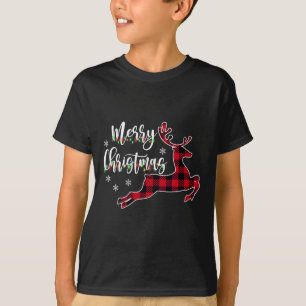 Womens Merry Christmas Reindeer Buffalo Plaid Red T-Shirt