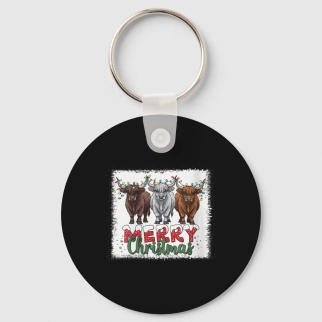 Womens Merry Christmas Scottish Highland Cow Xmas  Keychain (Front)