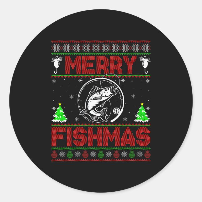 Womens Merry Fishmas B Fish Fishing Ugly Christmas Classic Round Sticker (Front)