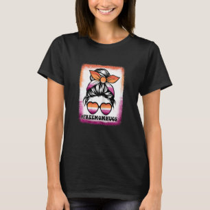 Womens Messy Bun Hair Mama Free Mom Hugs Lesbian P T-Shirt
