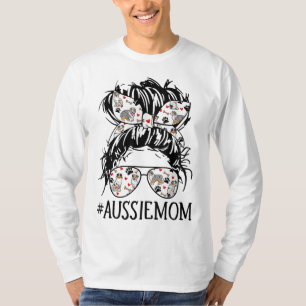 Women's Messy Bun Mom Aussie Mom Glasses Funny Dog T-Shirt