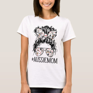 Women's Messy Bun Mom Aussie Mom Glasses Funny Dog T-Shirt