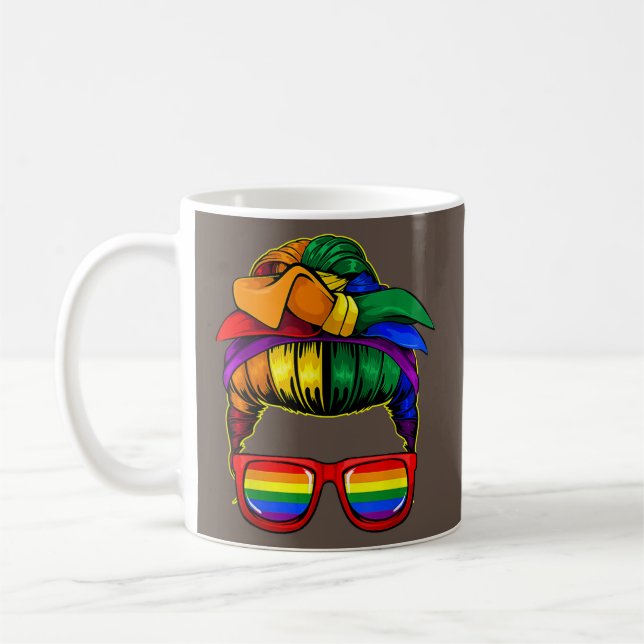 Womens Messy Bun Mom LGBT Flag Gay  Coffee Mug (Left)