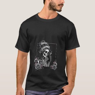 Womens Messy Bun Skeleton Drinking Coffee Vintage T-Shirt