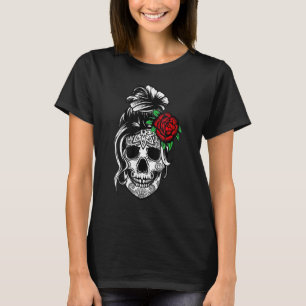 Womens Messy Bun Skull Mom Halloween Dead Sugar S T-Shirt