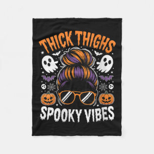Womens Messy Bun Thick Thighs Spooky Vibes Hallowe Fleece Blanket