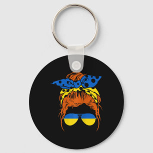 Womens Mom Ukrainian Messy Bun Hair Flag Gles Cool Keychain
