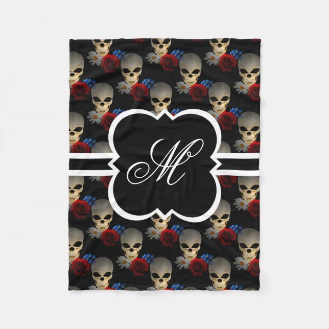 Women's Monogram Teen Tween Girls Flower Skull Fleece Blanket (Front)