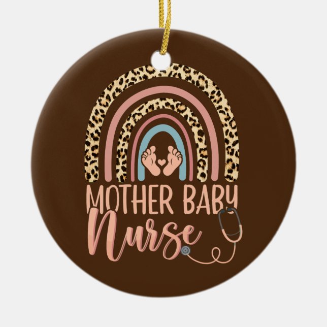 Womens Mother Baby Nurse Nursing Leopard Rainbow Ceramic Ornament (Front)