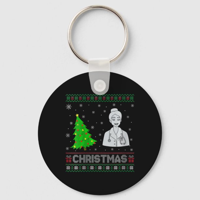 Womens Nurse Practitioner Xmas Tree Lighting Ugly  Keychain (Front)