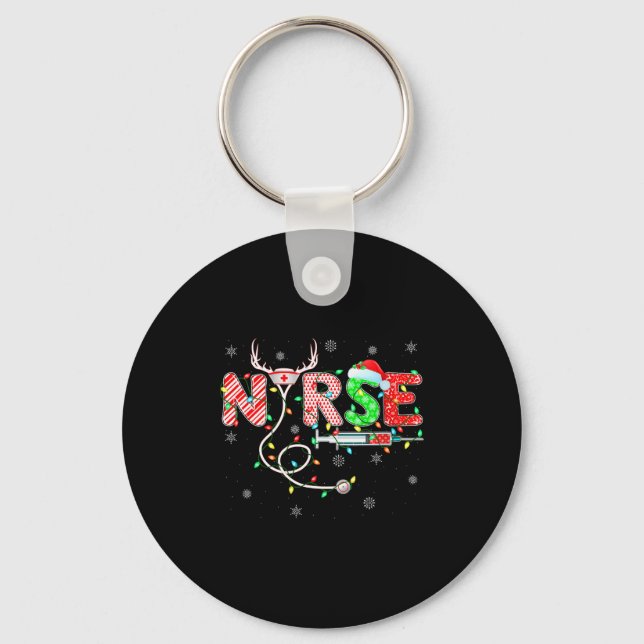 Womens Nursing Stethoscope Reindeer Nurse Hat Funn Keychain (Front)