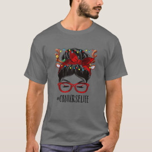 Womens OB Nurse Life Christmas Woman Messy Bun Buf T-Shirt