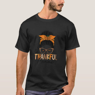 Womens One Thankful Memaw Leopard Messy Bun Thanks T-Shirt