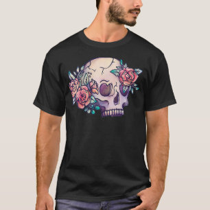 Womens Pastel Floral Skull Tattoo Rose Flower VNec T-Shirt