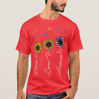 Womens Peace Love America Sunflower Butterfly 4th T-Shirt