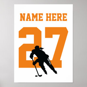 Women's Personalized Hockey Player Number Orange Poster