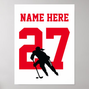 Women's Personalized Hockey Player Number Red Poster