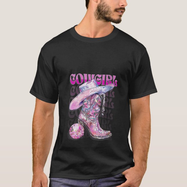Womens Pink Cowgirl Boots Disco Western Country Co T-Shirt (Front)
