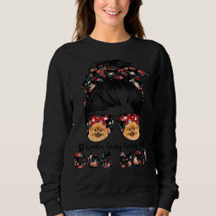 Womens Pomeranian Dog Mom Messy Bun Hair Glasses Sweatshirt