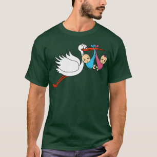 Womens Pregnancy Funny Stork Twins Boy Girl Baby T-Shirt