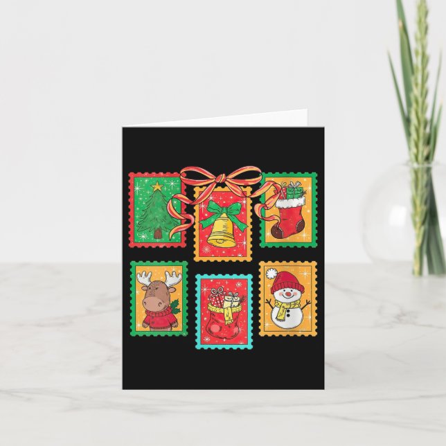 Womens Preppy Christmas Stamps Coquette Bow Reinde Card (Front)