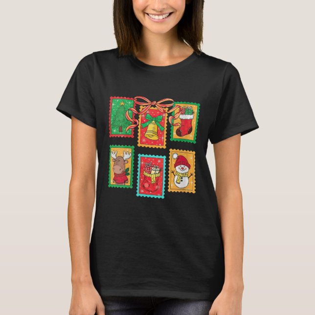 Womens Preppy Christmas Stamps Coquette Bow Reinde T-Shirt (Front)