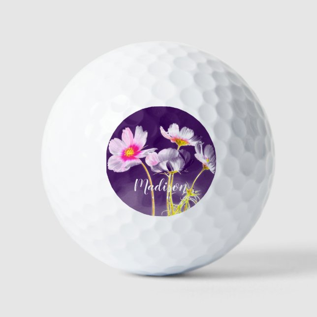 Womens Purple Floral Personalized Name Golf Balls (Front)
