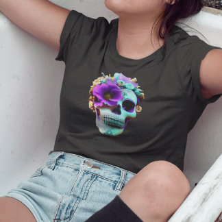 Womens Purple Flower Eye Socket Candy Skull T-Shirt