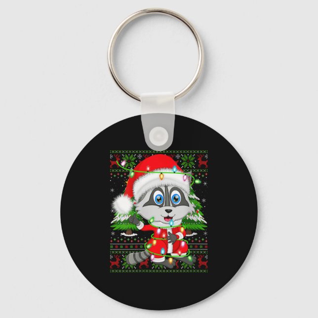 Womens Raccoon Christmas Lights Santa Costume Ugly Keychain (Front)
