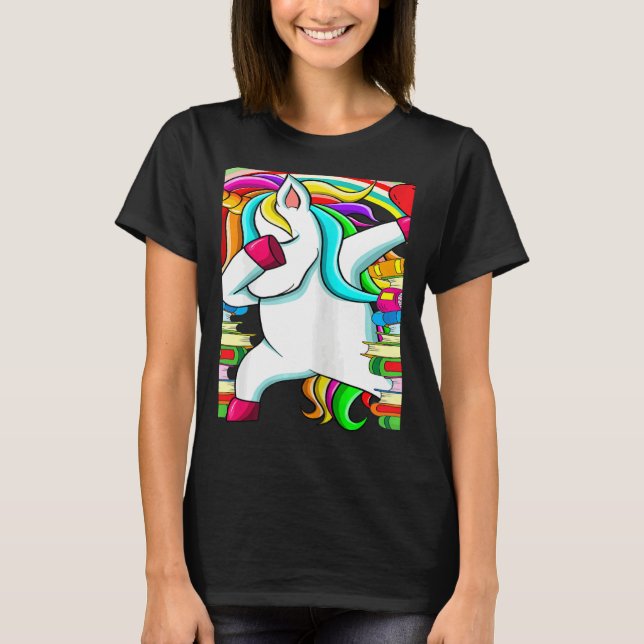 Womens Reading Teacher Dabbing Unicorn Elementary  T-Shirt (Front)