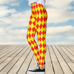 Womens Red and Yellow Harlequin Check Pattern Leggings