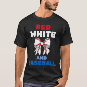 Women's red white and baseball coquette bow T-Shirt