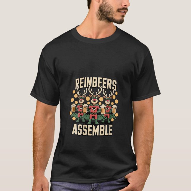 Womens Reinbeers Assemble Funny Drinking Reindeer  T-Shirt (Front)