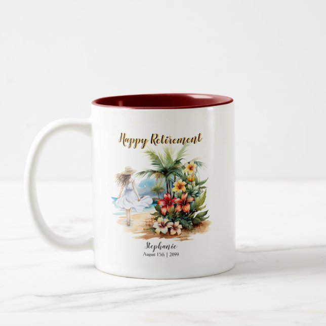 Women's Retirement Beach Aloha Flowers Party Two-Tone Coffee Mug (Left)