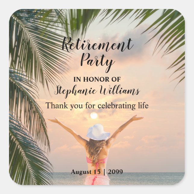 Women's Retirement Beach Themed Sunset Palm Tree   Square Sticker (Front)