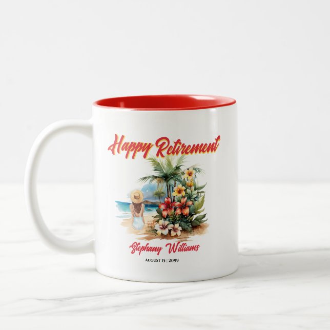 Women's Retirement Party Beach Aloha Woman  Two-Tone Coffee Mug (Left)
