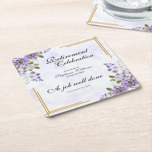 Womens Retirement Party Floral Classic Elegant Square Paper Coaster (Angled)