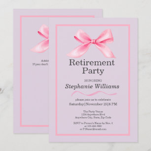 Women's Retirement Party Modern Elegant Pink Bow  Invitation